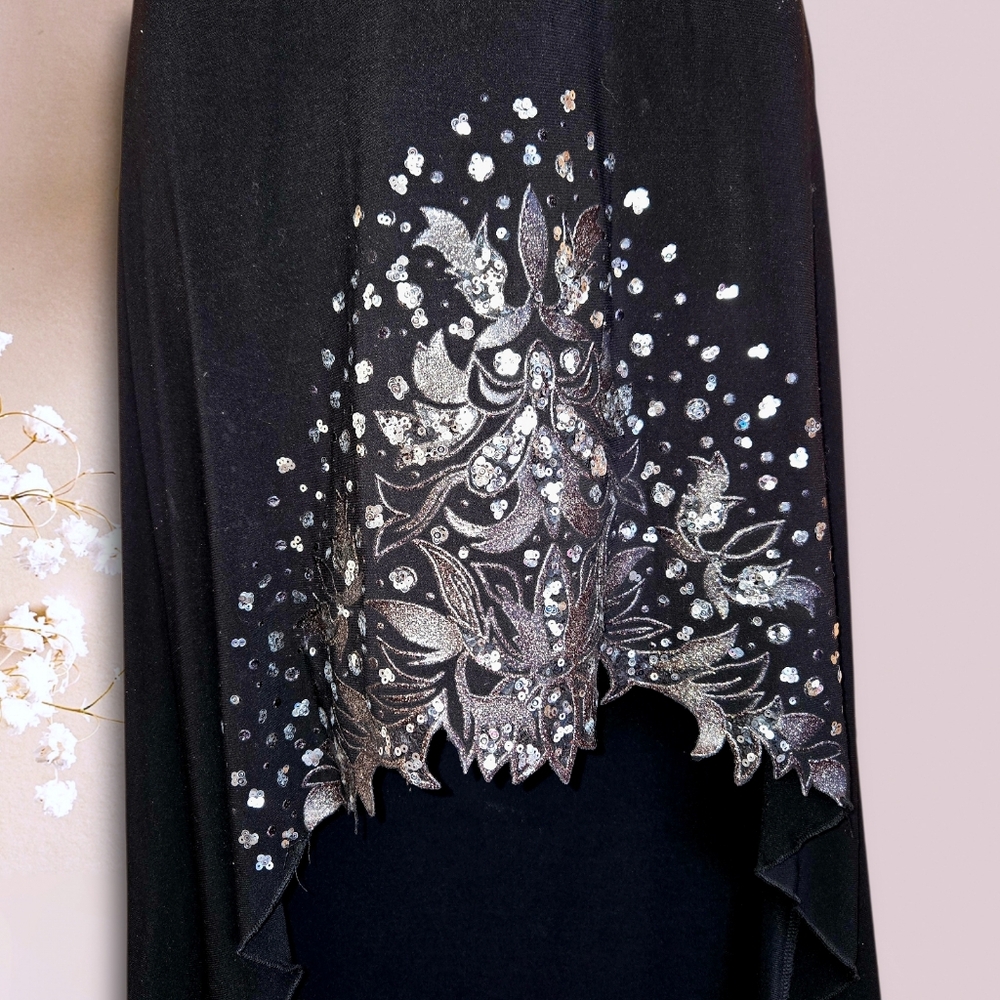 Sabora Black strapless midi dress w silver floral embroidery high-low hem Size L - Picture 5 of 9
